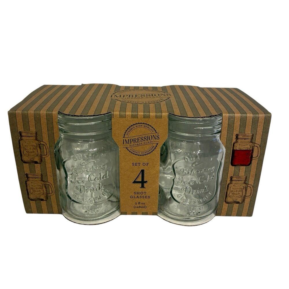 Impressions Vintage Glass Set Of 4 Shot Glasses 5 Fluid Ounces. Mason Jar Style